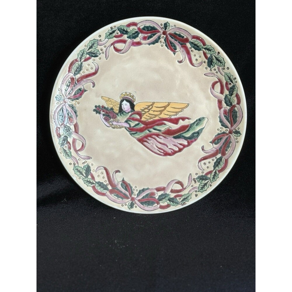 Vintage China Trader Rare Angel Leaf Bow Embossed Glaze Ceramic Plate Christmas
